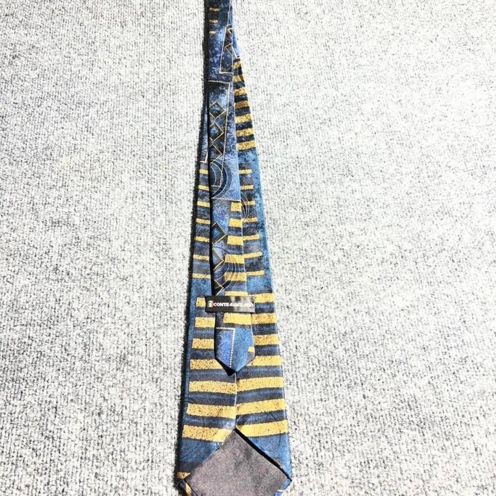 Conte di Milano Mens Silk Necktie Blue Gold‎ Geometric Abstract Pattern Wide Tie
